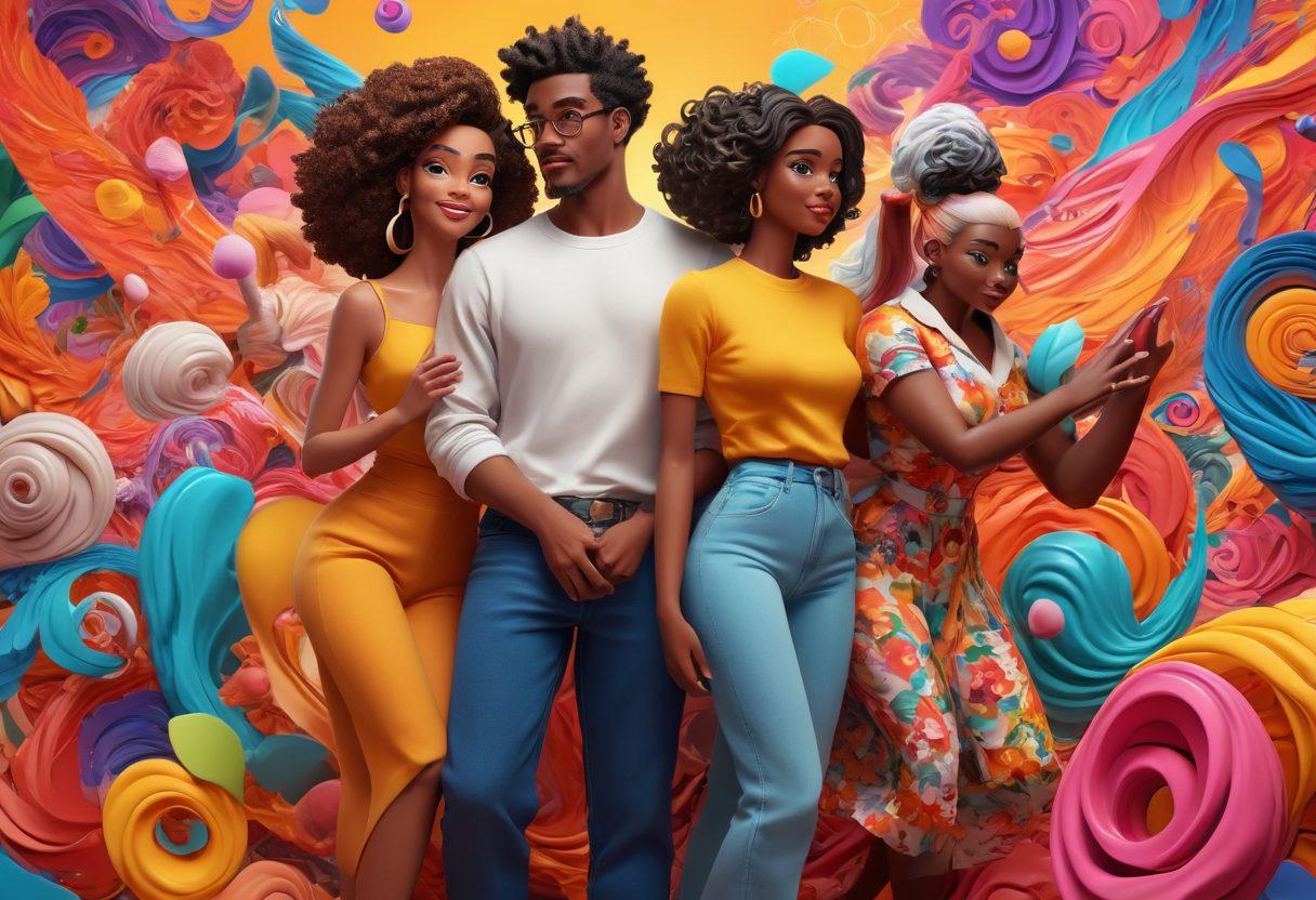 A vibrant collage showcasing the evolution of animated art styles in adult content, featuring elements from classic cartoons, 90s animation, and modern 3D graphics intertwined in a seamless flow. Include diverse characters engaging in creative expressions of intimacy, symbolizing cultural acceptance and artistic freedom. The background should convey a sense of movement and evolution, using colorful, dynamic patterns. super-realistic. vibrant colors. 3D.