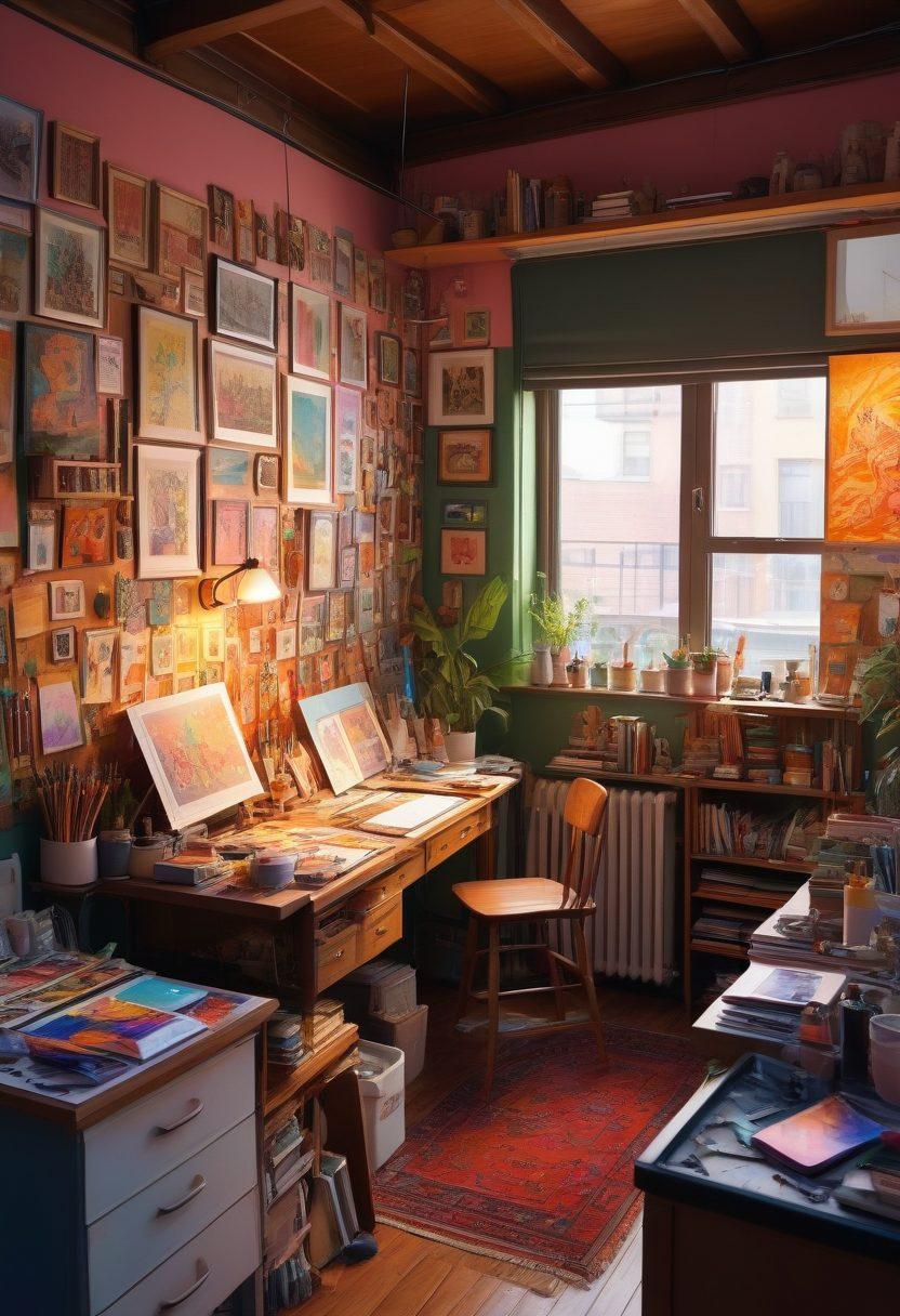 A vibrant and enticing illustration showcasing a fictional art studio filled with dynamic and colorful hentai artwork on the walls. Include an artist passionately working on a large canvas, surrounded by various art supplies, and soft lighting that highlights the intricate details of the animated characters. The atmosphere should feel lively and inviting, capturing the essence of creativity in adult animated entertainment. super-realistic. vibrant colors. warm lighting.